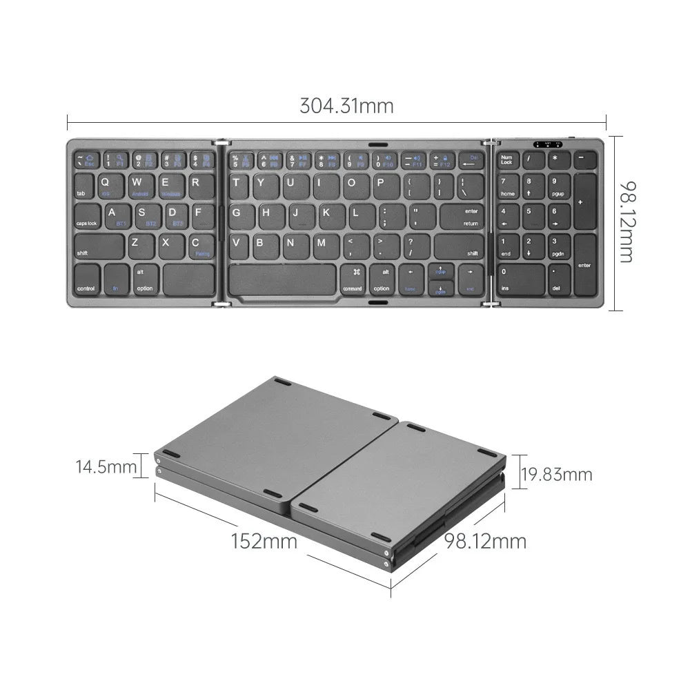 Dual Bluetooth 5.1 Keyboard 3-Folding Mini Keyboard Rechargeable Foldable Keyboard with Touchpad for Windows Android IOS iPad