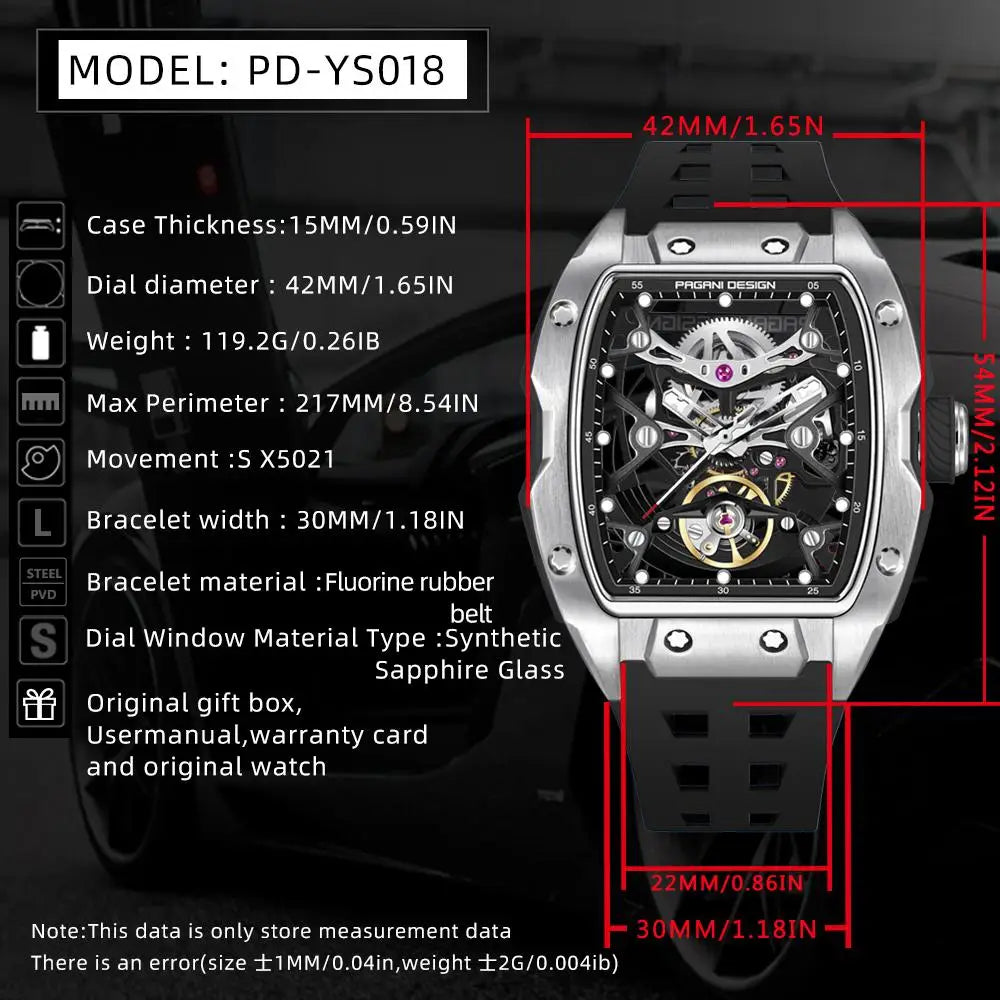 Novo Relógio de Pulso Masculino PAGANI DESIGN PDYS018 Automático Mecânico, Fashion Casual Skeleton, Safira e Aço Inoxidável