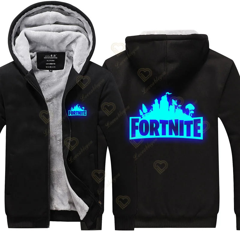 Winter Warm Fortnite Luminescent Hoodies Men Women Game Cosplay Sweatshirts Thick Fleece Zipper Couple Jacket & Coat