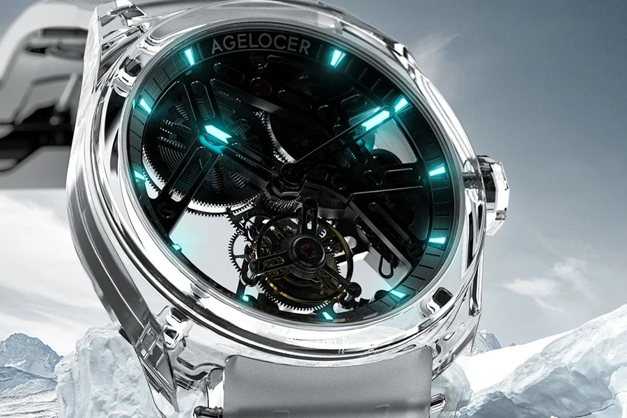 Relógio AGELOCER de edição limitada “Ice Never Melts” com turbilhão de cristal de espiral livre — relógios mecânicos manuais de luxo