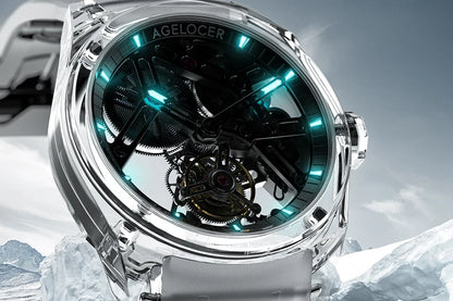 Relógio AGELOCER de edição limitada “Ice Never Melts” com turbilhão de cristal de espiral livre — relógios mecânicos manuais de luxo