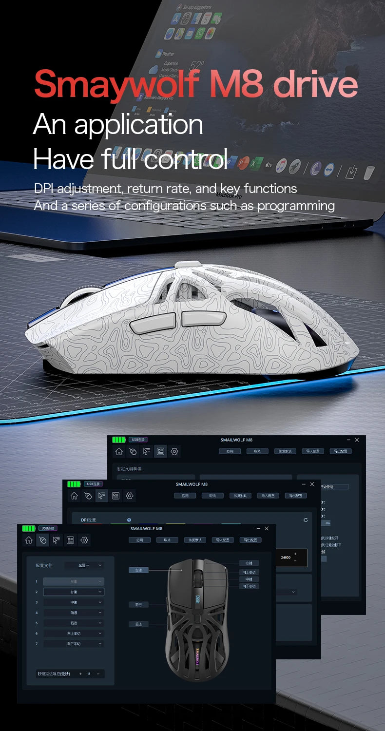 SMAILWOLF M8 Bluetooth Wireless Gaming Mouse, Tri-Mode RGB Rechargeable Mouse with PAW3311 Sensor, 12000 DPI Lightweight Gaming Mouse for PC & Office