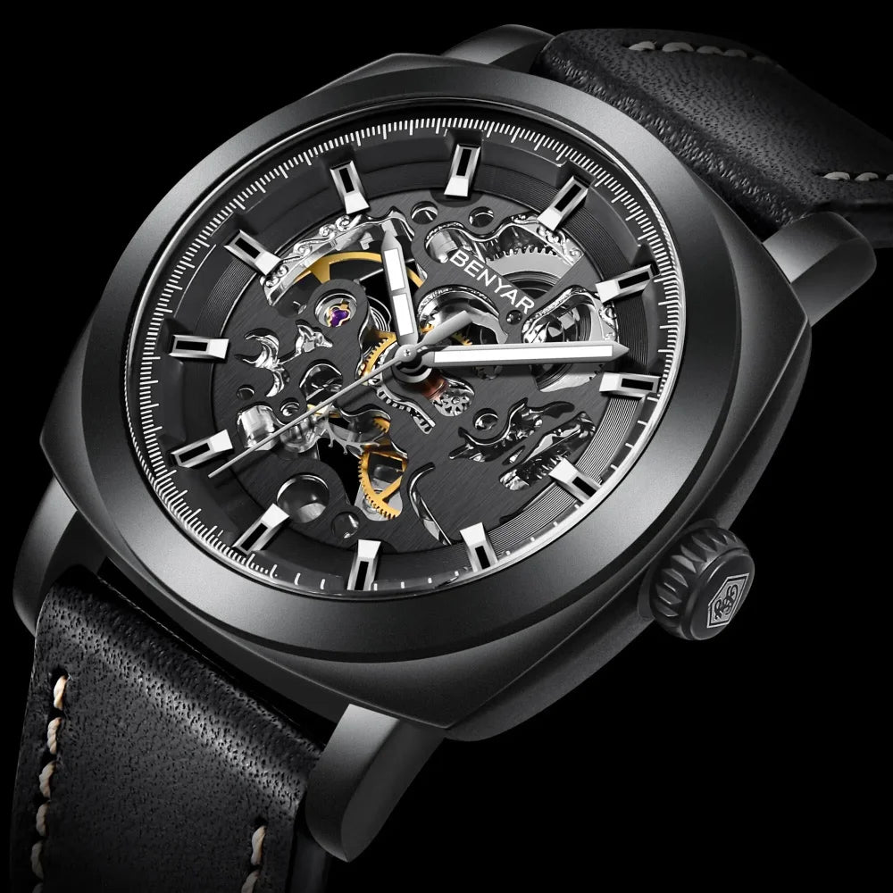 BENYAR Watch for Men Luxury Skeleton Tourbillon Automatic Mechanical Men's Watch 30M Waterproof Leather Strap Sports Reloj Hombre