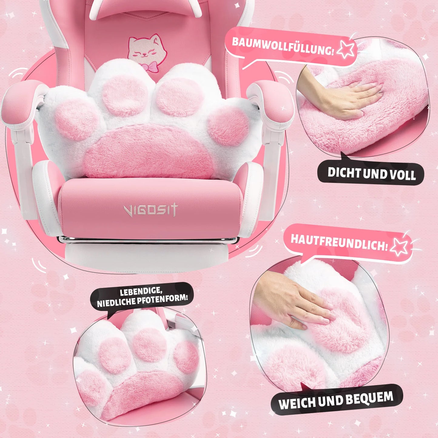 Vigosit Gaming chair Cute Ears and Kawaii Pillow Ergonomic Computer Game chair for girls with Lumbar Support