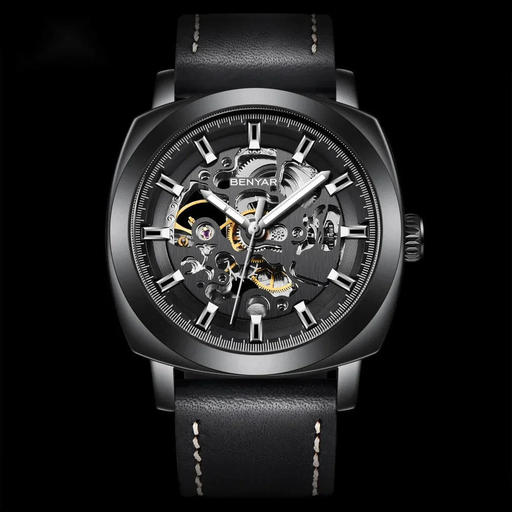 BENYAR Watch for Men Luxury Skeleton Tourbillon Automatic Mechanical Men's Watch 30M Waterproof Leather Strap Sports Reloj Hombre