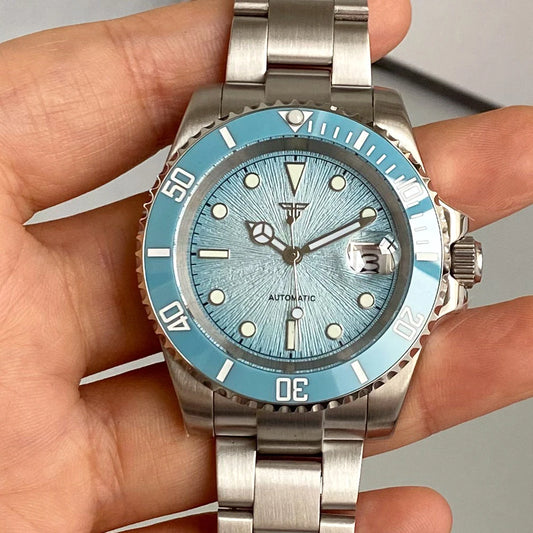 Tandorio Blue Dial 40mm Miyota 8215 PT5000 Mechanical Dive Watch Men 200M Waterproof Lume Sapphire Stainless Steel Bracelet