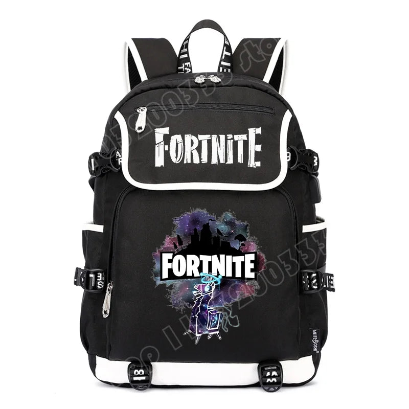 Mochila Fortnite de Grande Capacidade, Saco de Ombro Casual com Porta USB, Unissexo, Estilo Anime, para Estudantes, Nova Mala Escolar Elegante, Presente de Papelaria