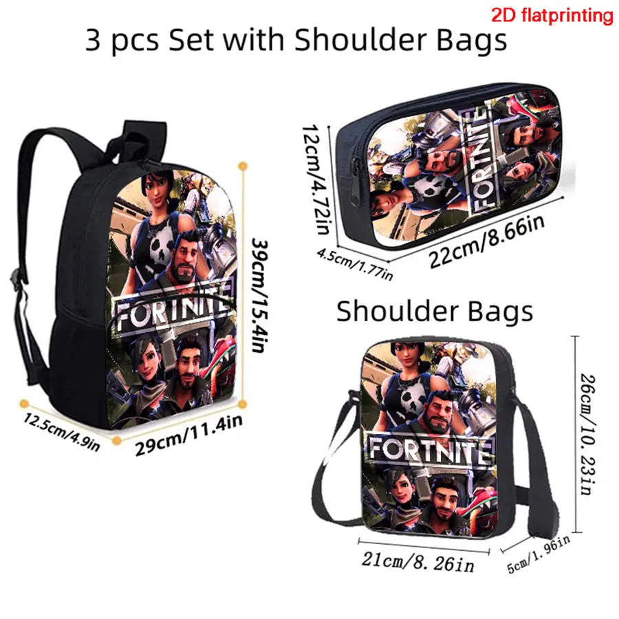 FORTNITE 3-teiliges Schulrucksack-Set, Umhängetasche mit Fronttasche und Federmäppchen, für Jungen und Mädchen von 5–10 Jahren, leicht, mit kostenlosem 3D-bedrucktem Schlüsselanhänger