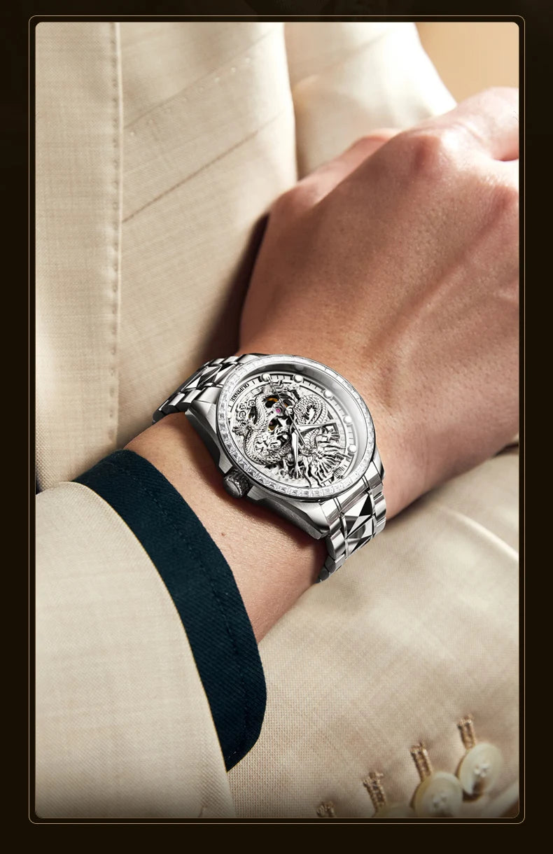 OUPINKE Herrenarmbanduhr, Top-Marke, Luxus, Gold, Wolframstahl, originale automatische mechanische Armbanduhr mit Zifferblatt im Drachenmuster