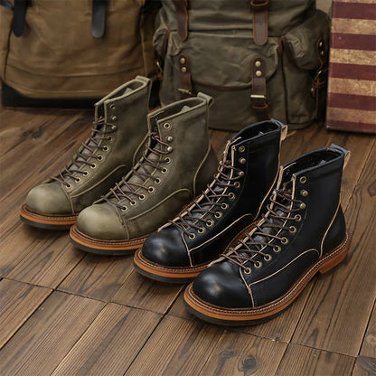 KOWM Cowhide Hiking Shoes Men's Walking Boot British Trekking Shoes Thick-Soled Cowhide High-Top Motorcycle Boots Ankle Sneakers