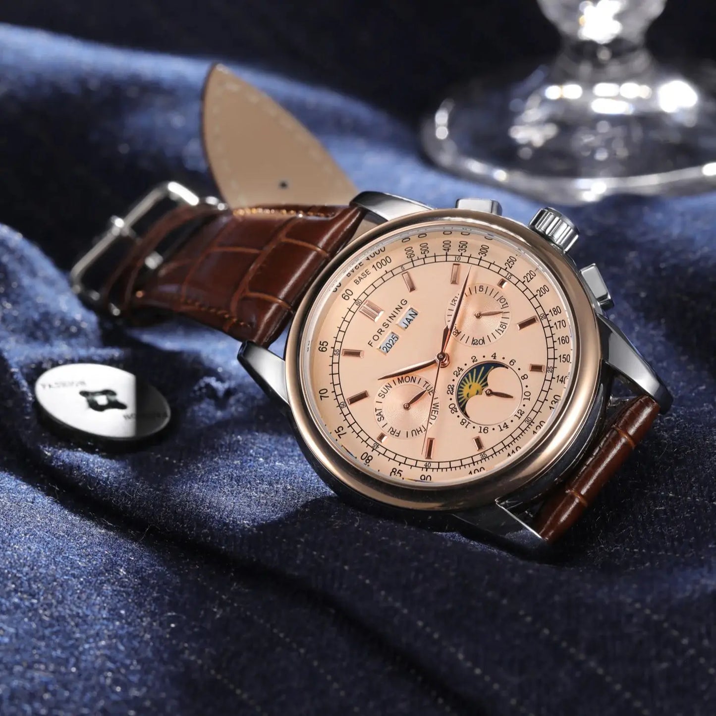 Forsining Retro Mechancial Watches Moon Phase Shanghai Movement Rose Gold Case Brown Leather Strap Luxury Automatic Mens Watch
