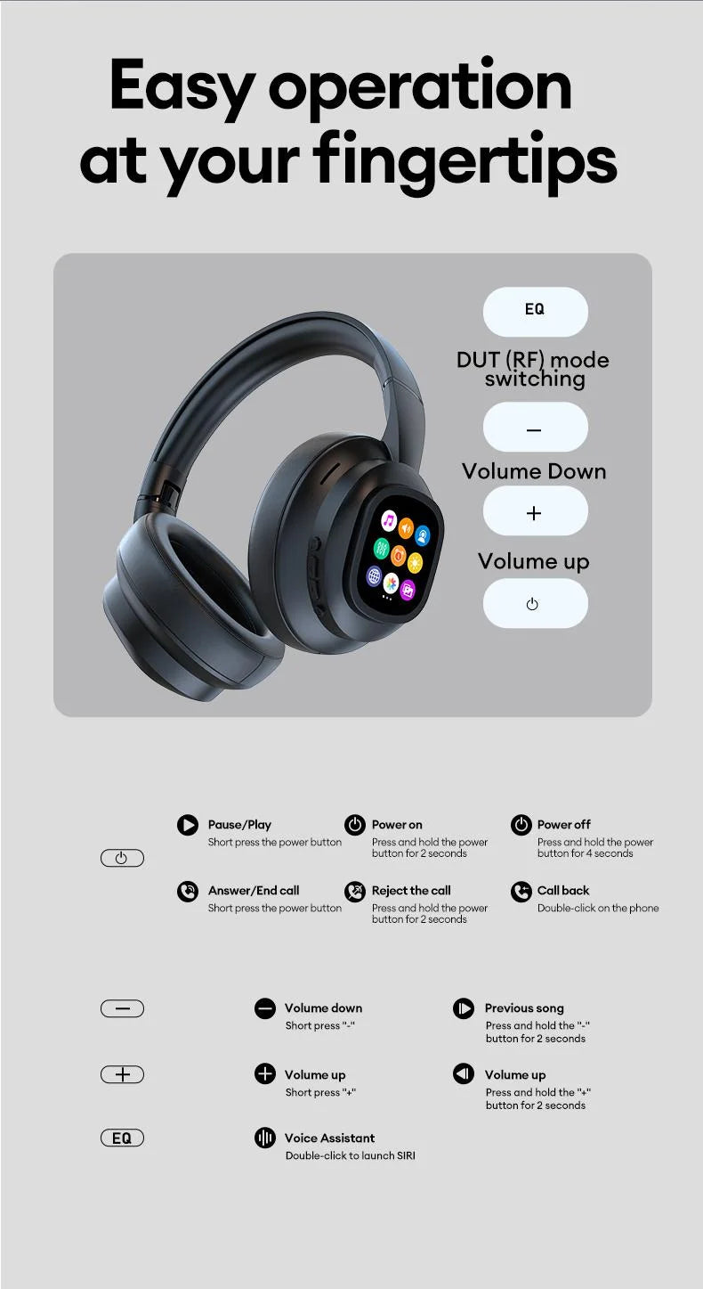 Auscultadores Bluetooth sem fios com ecrã tátil LCD AI – Headset gaming com cancelamento de ruído ANC, graves profundos e microfone HD