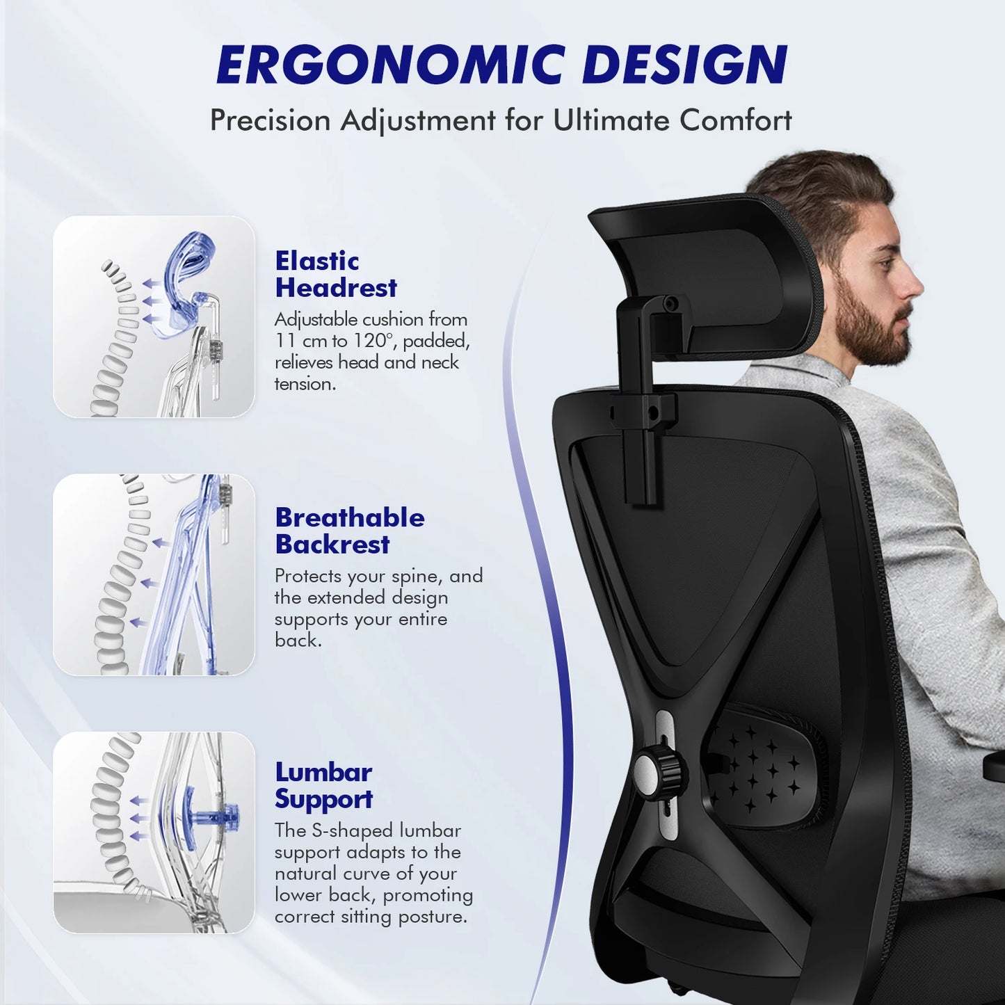 AUTHMIC Ergonomic Office Chair Mesh Back, 5D Lumbar Support, Reclining 90–135°, Adjustable Armrest & Headrest for Home Office