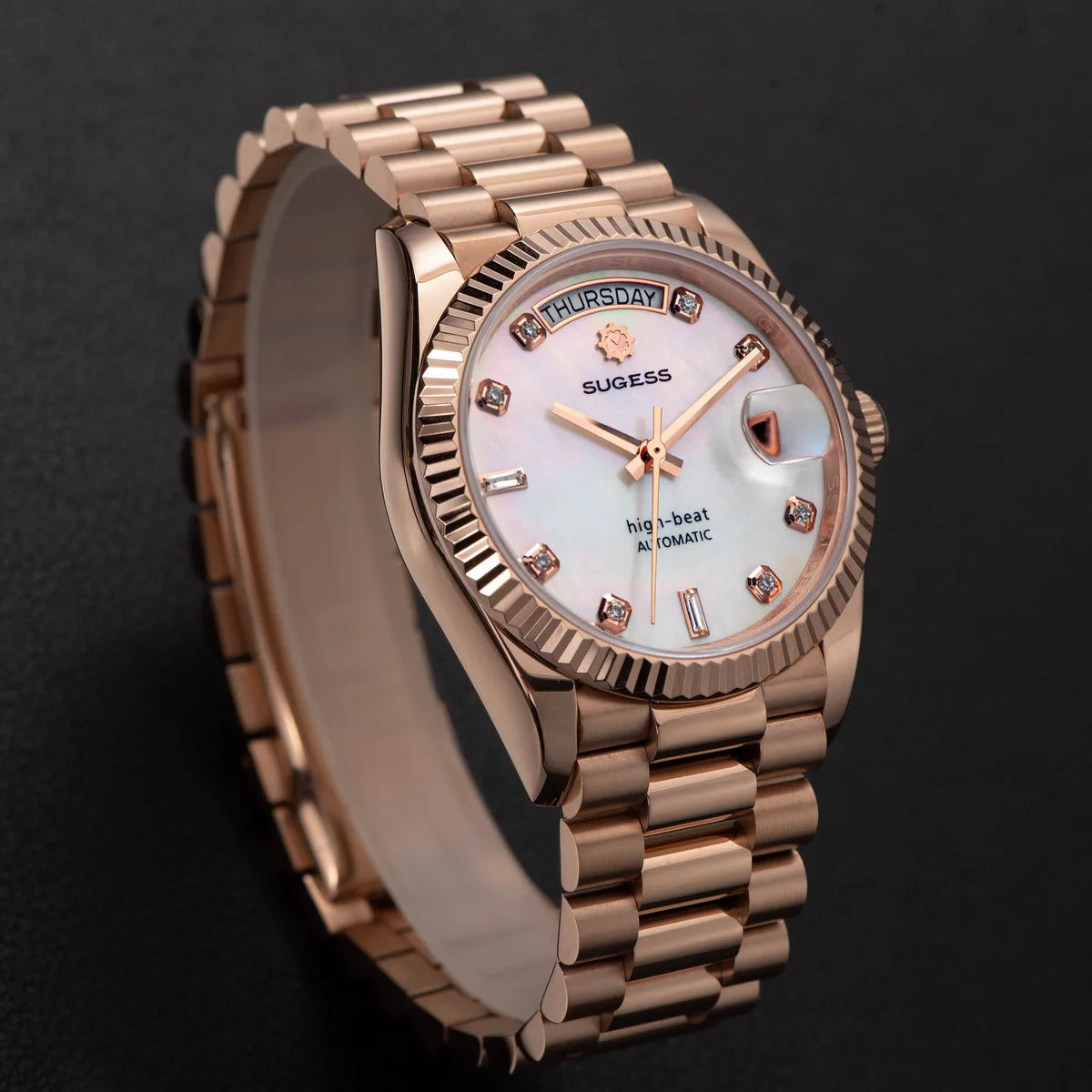 Sugess 36mm Mens of Watch Automatic Dandong Peacock SL3034 Day Movement Sapphire Glass 100m Waterproof Wristwatches MOP Date New