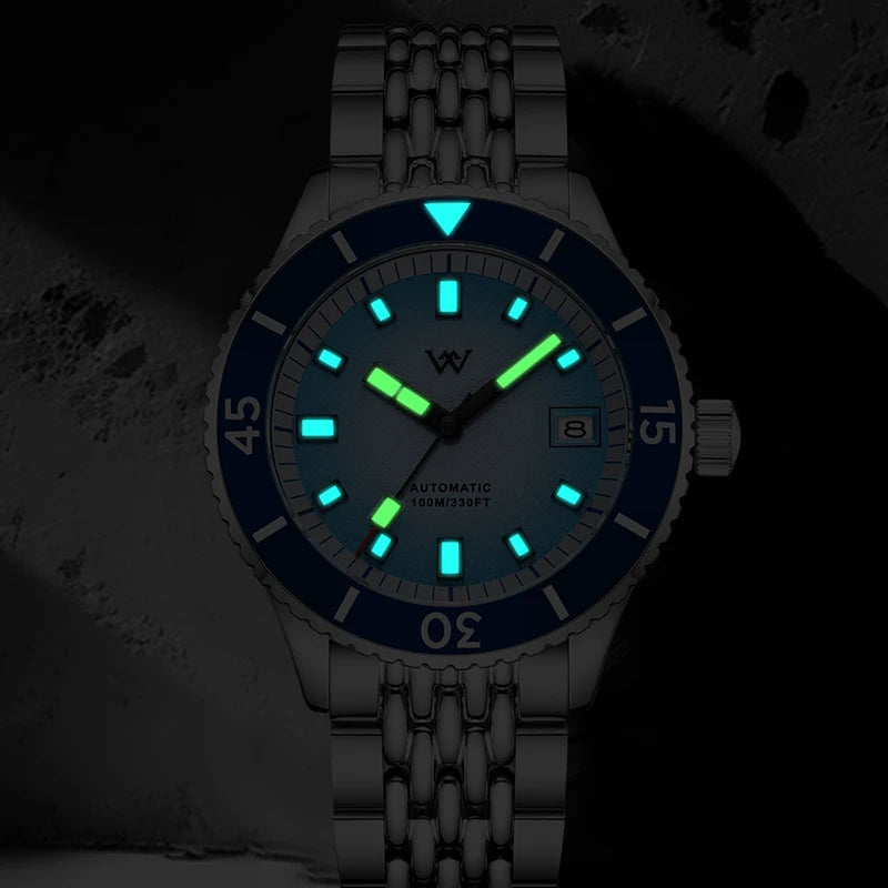 WM Watch Automatic Mechanical Diver Watches Men Sparkle Grain Gradient Dial Ceramic Bezel NH35 AR Coated Welly Merck Watch WM212