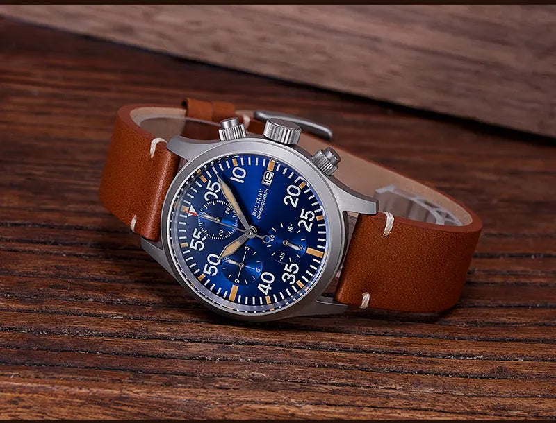 Baltany Quartz Chronograph S5045 Sunburst Blue Dial VK67 100M Stainless Steel Calendar Window Sapphire Vintage Military Watches