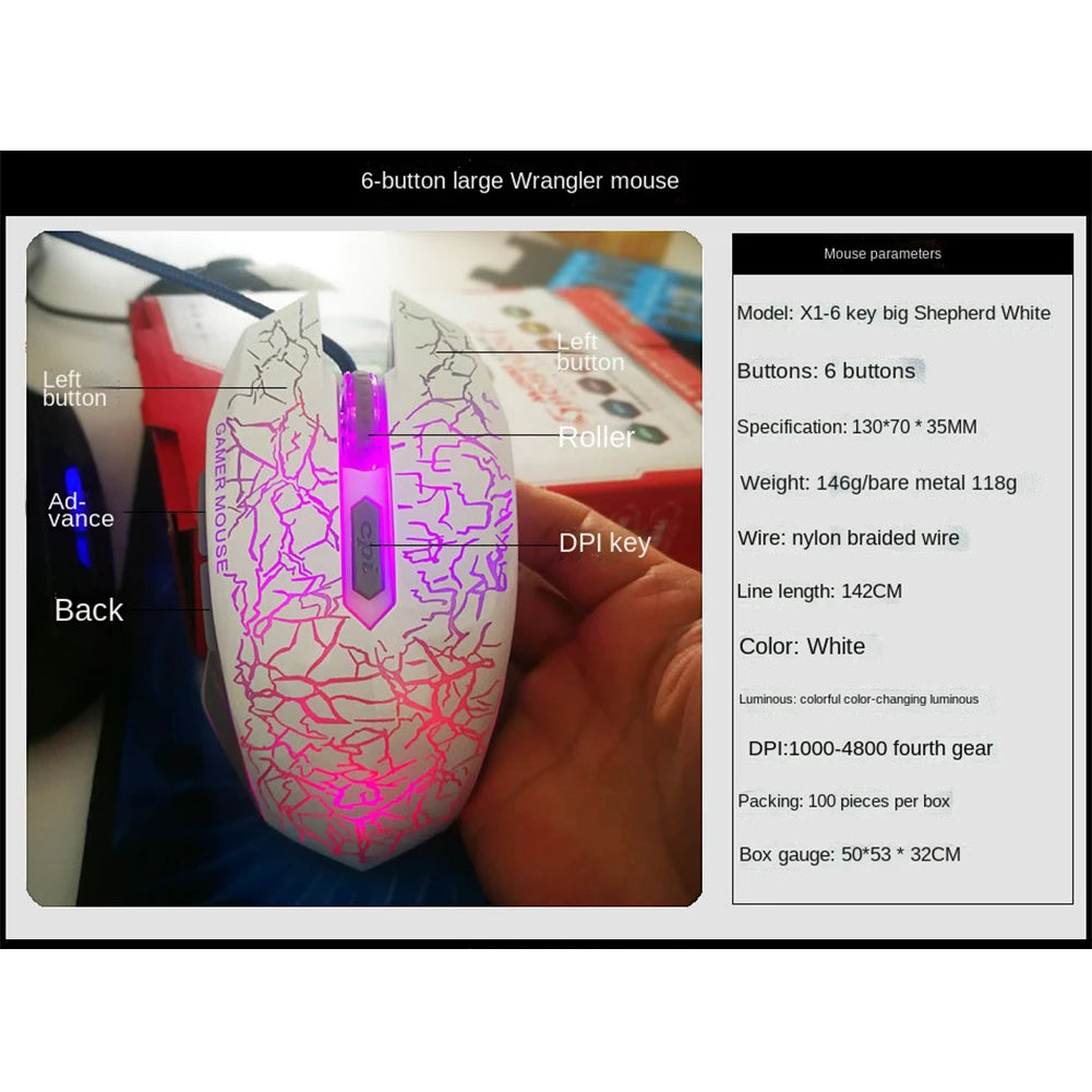 Mouse da gaming cablato USB 2400 DPI con retroilluminazione LED, mouse professionale per gamer, ergonomico, per PC, laptop e MacBook