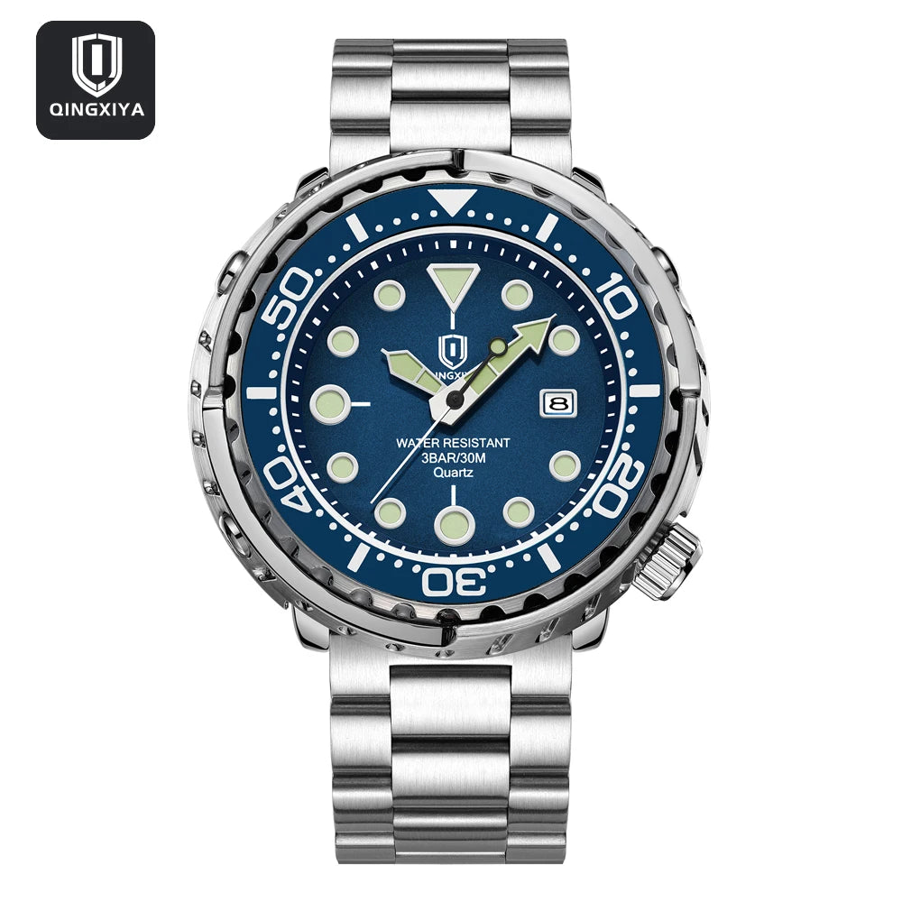 QINGXIYA Mens Watches Fashion Waterproof Luminous Date Rotating Dial High Quality Stainless Steel Luxury Brand Men Quartz Watch
