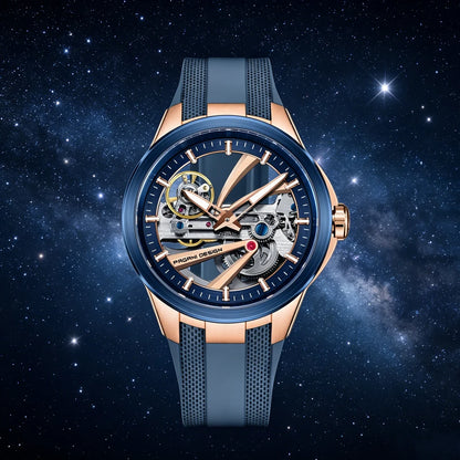 Ceas pentru bărbați PAGANI DESIGN – Model mecanic automat de lux, de tip „schelet” (cu mecanism expus), dotat cu un tourbillon, sticlă de safir cu tratament antireflex, rezistent la apă și luminescent.