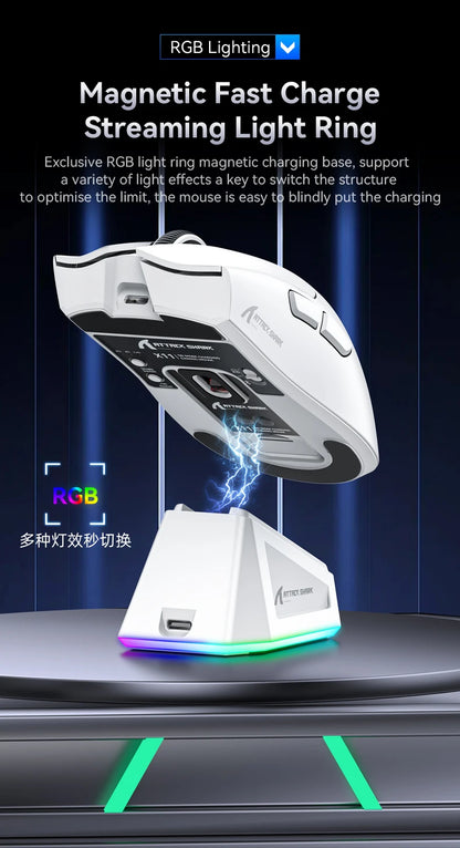 Attack Shark X11&R1 třirežimová bezdrátová Bluetooth myš s nabíjecí základnou, RGB, ergonomická, lehká myš, příslušenství pro PC hráče