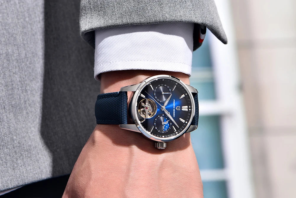 PAGANI DESIGN – luksuzni mehanički sat za muškarce, 41 mm, safirno staklo, kožni remen, vodootporan, u pilotskom stilu, s turbiljonom i fazama mjeseca