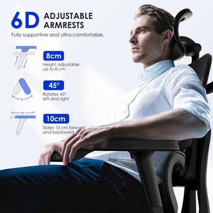 AUTHMIC Premium Ergonomic Office Chair with 6D Adjustable Armrests, 3D Headrest, 3-Zone Backrest, 200kg Capacity, Reclining 90°-160°