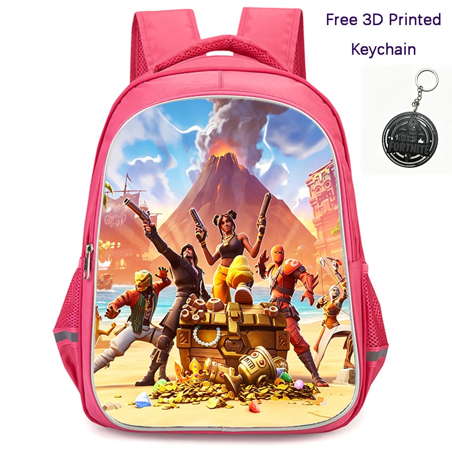 FORTNITE 16-inch Durable Lightweight Backpack, Dual Zipper Pockets, Cartoon Style for Boys & Girls 6-10,Free 3D Printed Keychain