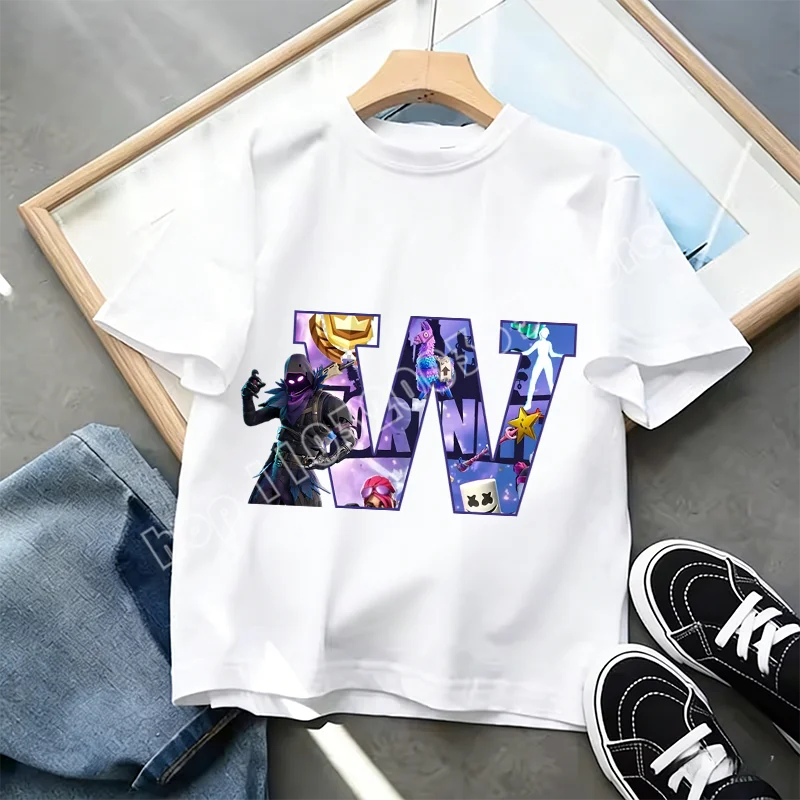 Fortnite A-Z Alphabet Print T-Shirt Summer Kids White Clothing Popular Cartoon Game T-Shirt Fashion Casual Short Sleeve Top Gift