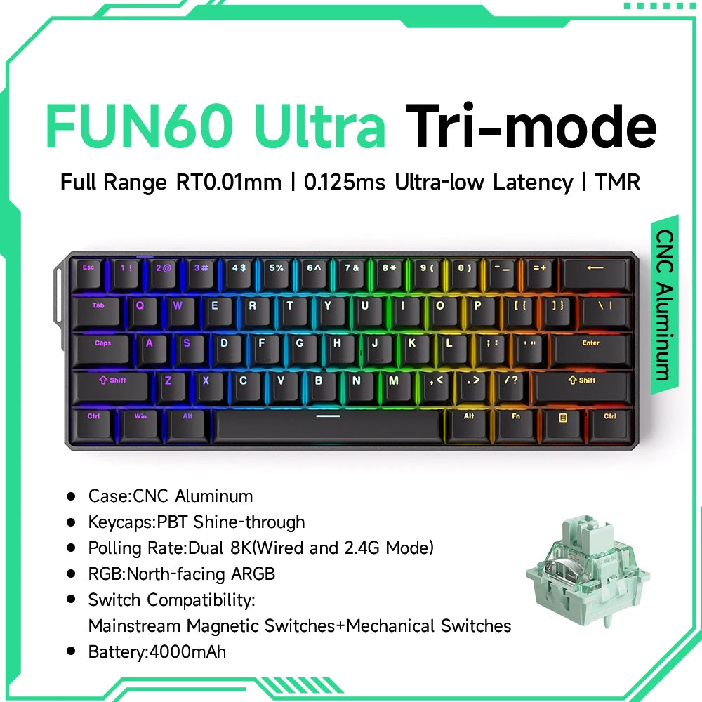 Teclado mecánico Akko MonsGeek FUN60 con interruptores magnéticos 60% para gaming, Rapid Trigger 0.01mm, 8K ARGB, teclado personalizado HE/TMR