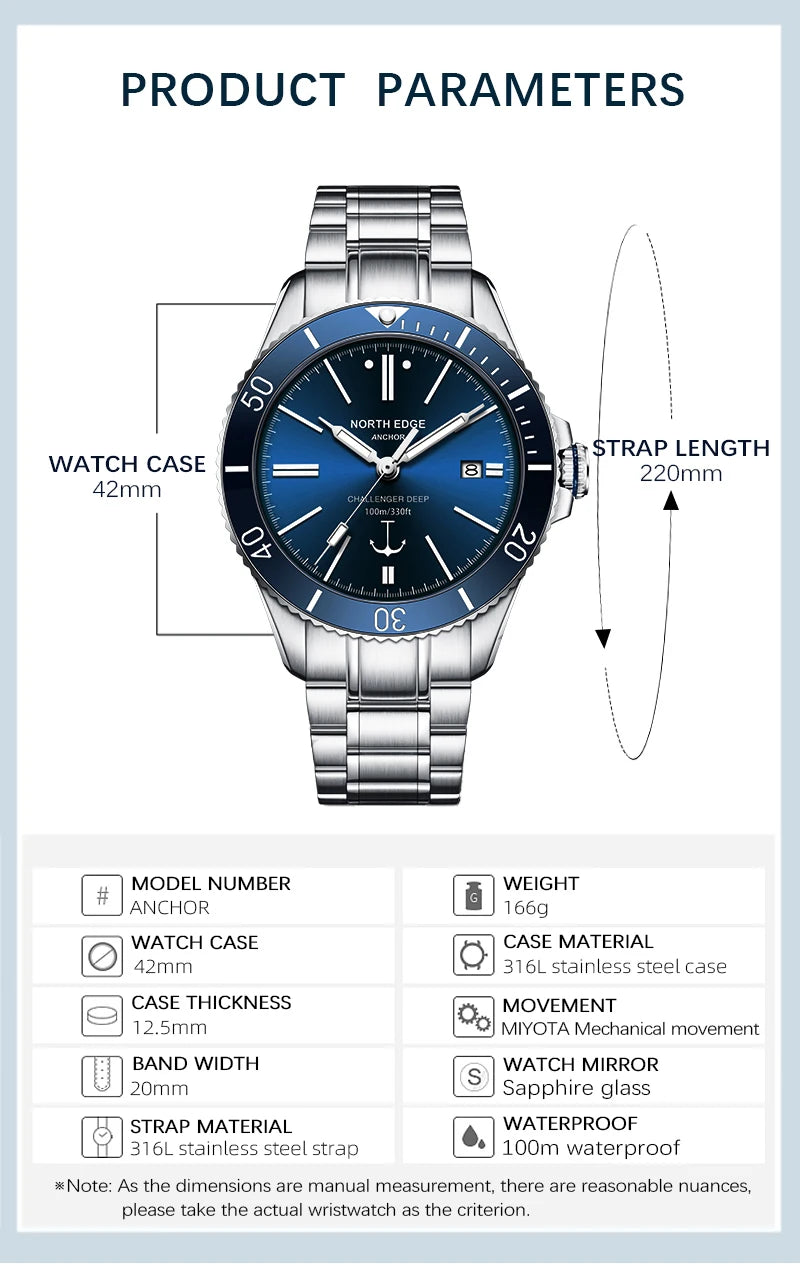 NORTH EDGE ANCHOR 42MM Men Mechanical Wristwatch Luxury Sapphire Glass MIYOTA 8215 Automatic Watches 10bar Waterproof Watch Men