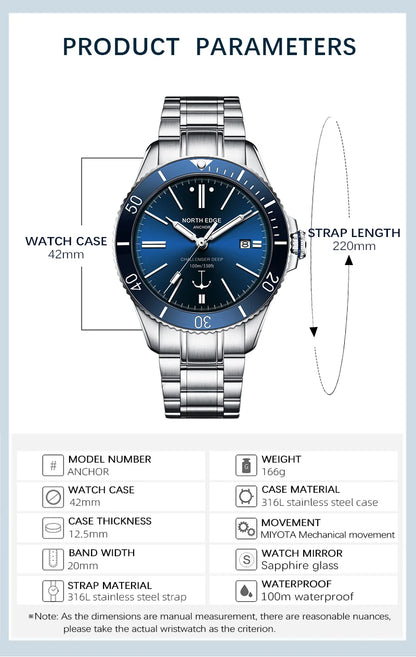 NORTH EDGE ANCHOR 42MM Men Mechanical Wristwatch Luxury Sapphire Glass MIYOTA 8215 Automatic Watches 10bar Waterproof Watch Men