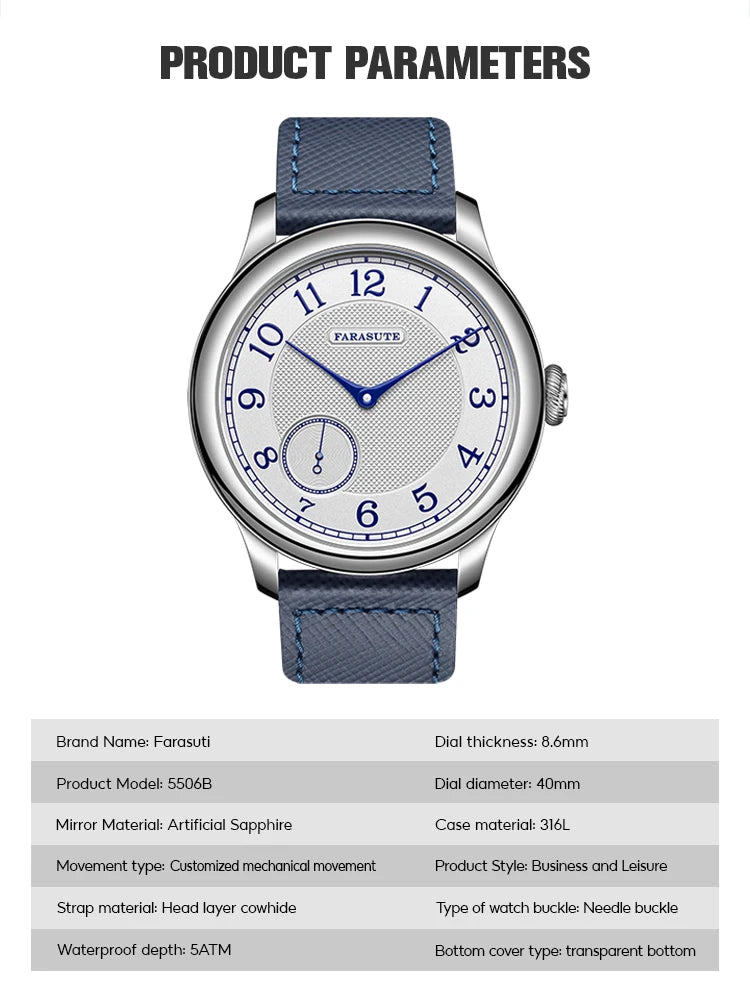 FARASUTE NEW Machinery Men Watch Salmon Dial St17 Manual Mechanical Watch Small Second Vintage Bonklip Bracelet