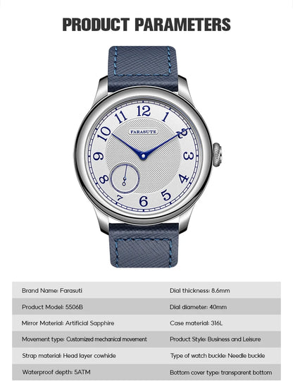 FARASUTE NEW Machinery Men Watch Salmon Dial St17 Manual Mechanical Watch Small Second Vintage Bonklip Bracelet