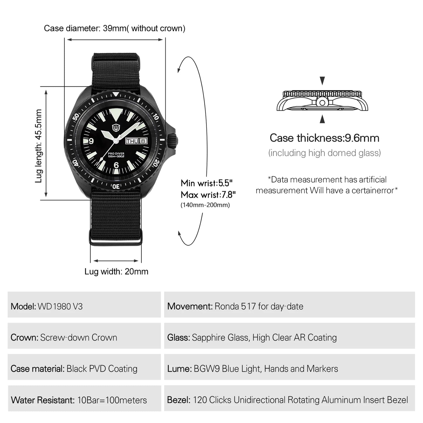 Watchdives WD1980 V3 Luxury Watch VH31 Sweep Seconds Quartz Movement AR Coating Sapphire Glass 10Bar Waterproof Men's Watches