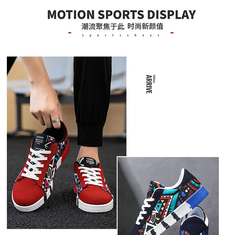 YRZL Men's Sports Running Shoes Canvas Geometric Style Lace-Up Sneakers Couples' Fashionable Graffiti Print Skate Shoes