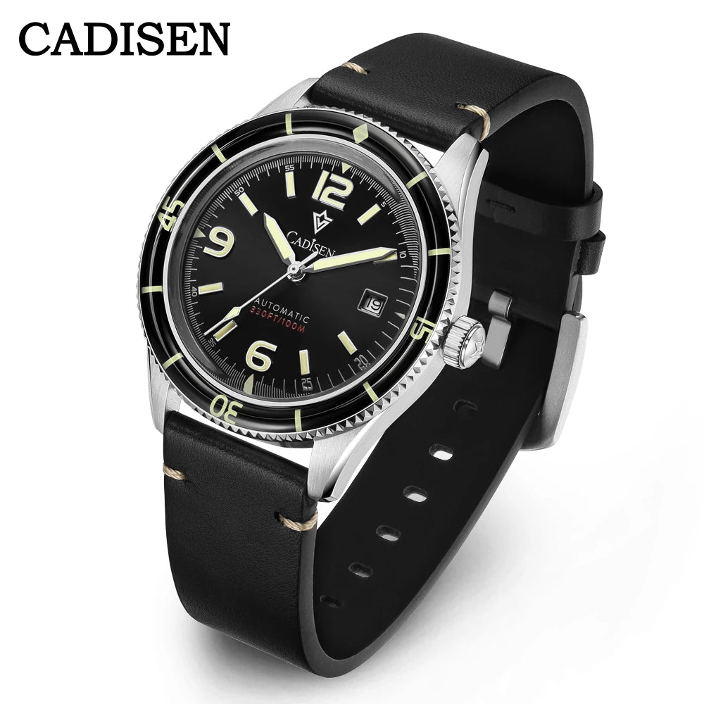 CADISEN 2026 Watch Men Mechanical Wristwatches MIYOTA 8215 Movement Genuine Leather Strap Waterproof Luminous Red Mens Watches