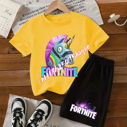 2026 New Fortnite Kids Pure Cotton Short-Sleeved Set with Cartoon Print Boys' Sport Shirt Casual Top Summer T-Shirt 2 Pieces
