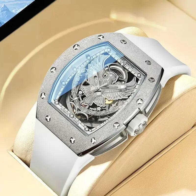 BONEST GATTI Luxury Men Hollow Automatic Mechanical Watches Tonneau Sapphire Crystal Luminous Hollow Eagle Dial Rubber Strapes