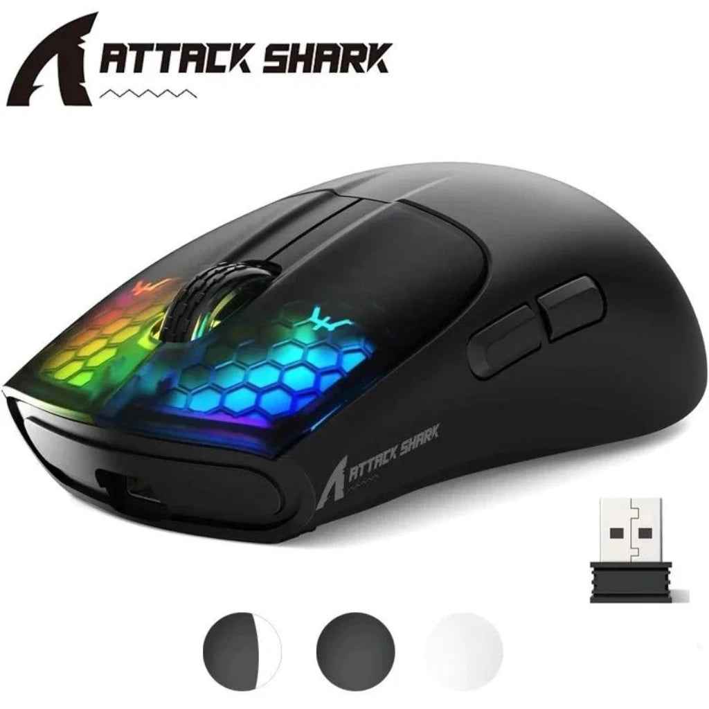 ATTACK SHARK X5 belaidė pelė, lengva, trijų režimų jungtis 2.4GHz / laidinė / Bluetooth, RGB makro žaidimų pelė