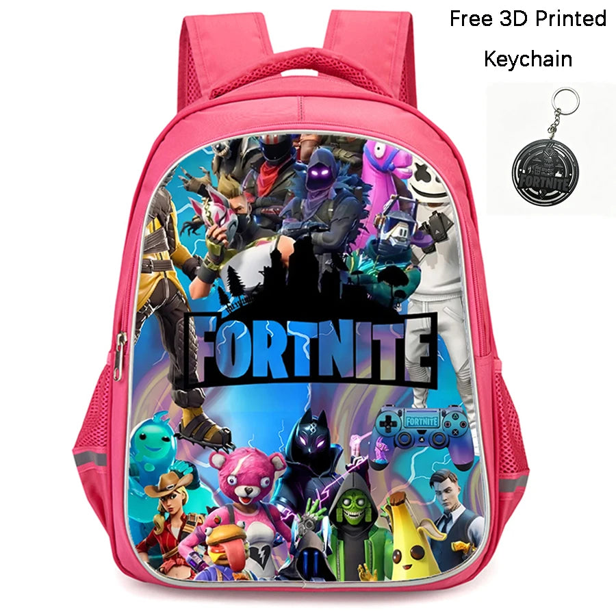 FORTNITE 16-inch Durable Lightweight Backpack, Dual Zipper Pockets, Cartoon Style for Boys & Girls Ages 6-10, Free 3D Printed Keychain