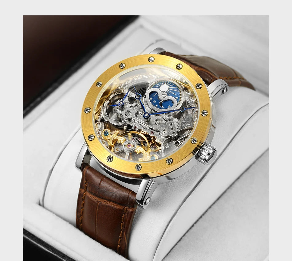 Avtomatska mehanska zapestna ura SKROX za moške, skeletni model s funkcijo GMT, prikazom luninih faz in turbijonom – elegantna in izvirna luksuzna ura najvišjega razreda.