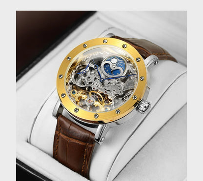 Avtomatska mehanska zapestna ura SKROX za moške, skeletni model s funkcijo GMT, prikazom luninih faz in turbijonom – elegantna in izvirna luksuzna ura najvišjega razreda.