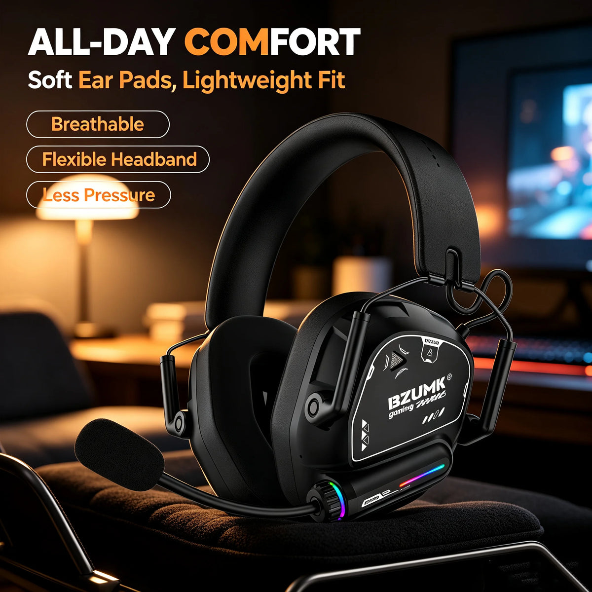 Casque de jeu sans fil BZUMK, écouteurs circum-auraux Bluetooth à faible latence avec micro, basses profondes, 50 mm, RGB, pour PC, PS4, PS5, ordinateur portable, gamer