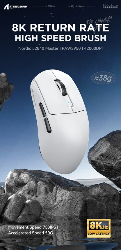 ATTACK SHARK R6 PAW3950MAX Wireless Gaming Mouse, 39g Ultralight, 8KHz Polling Rate, 42,000 DPI, Tri-Mode Bluetooth & 2.4G Gaming Mouse
