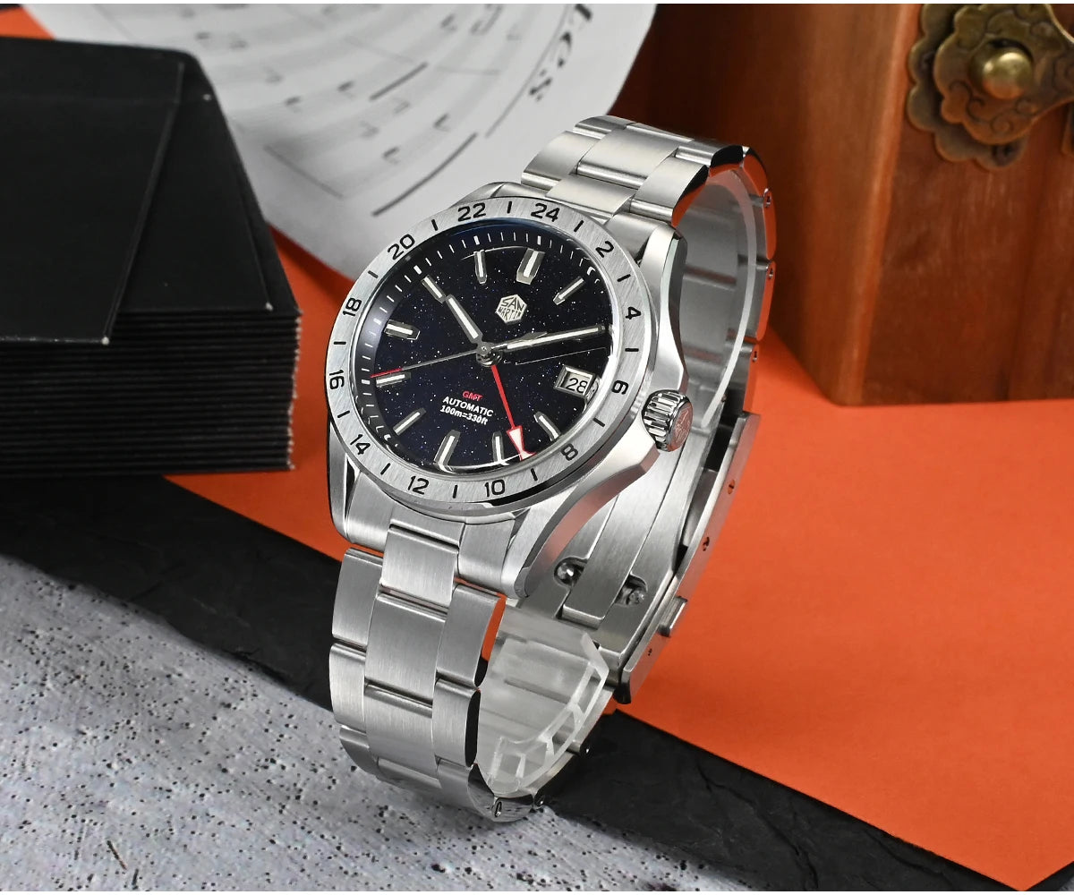 San Martin 39mm Aventurine Gemstone Dial Luxury Men's Watch NH34 GMT Automatic Mechanical Sapphire Waterproof Luminous SN0129