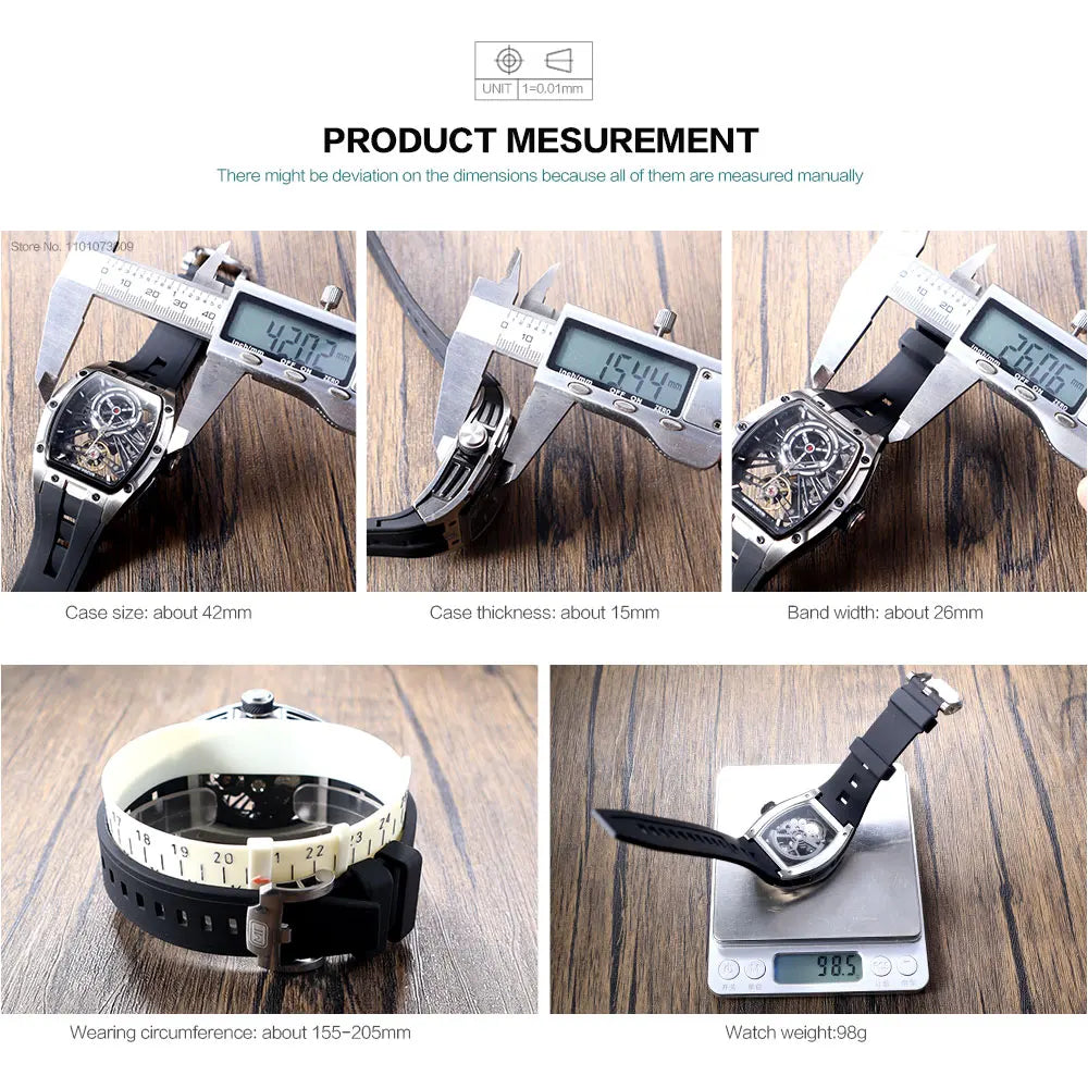 MINI FOCUS Orologio da polso da uomo fashion nero impermeabile, automatico meccanico, con lancette luminose, cinturino in silicone e quadrante tonneau