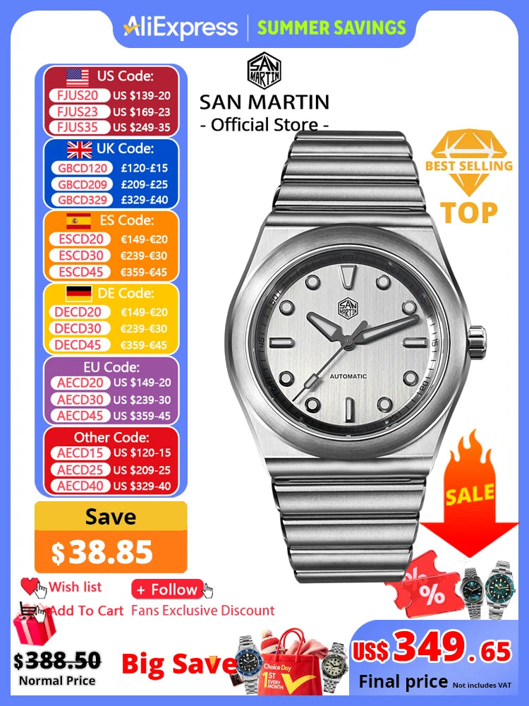 San Martin 40mm Men Sports Watch SS Brushed Dial Integrated Bracelet Miyota 90S5 Original Design Automatic Mechanical SN0149