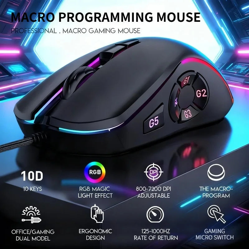 Mouse de birou pentru gaming cu fir 7200DPI, iluminare RGB, 6 niveluri DPI ajustabile/10 butoane programabile/buton de revenire la desktop
