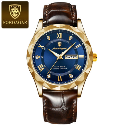Ceas pentru bărbați POEDAGAR, model original de lux: rezistent la apă, luminescent, cu afișaj pentru dată și zi. Ceas cu cuarț în stil clasic și profesional, prevăzut cu o brățară din piele.