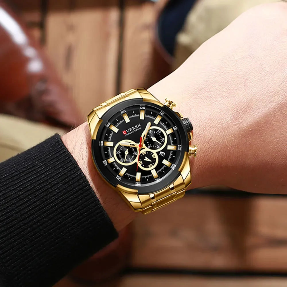 Moška kronografska ura CURREN, velik številčnik premera 48 mm, zapestnica iz nerjavečega jekla, trije pomožni številčniki, športna kvartzna zapestna ura, luksuzni stil